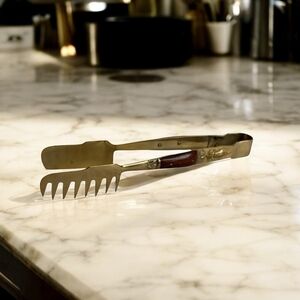 Vintage Server Thai Handmade Brass Wood Ice Tongs Cake Shrimps Serving Tongs